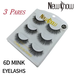 Newshow 3 Pares 6D MINK Cílios Postiços Naturais 3D Extensãos de Cílios Feitos à Mão Macios e Fofos