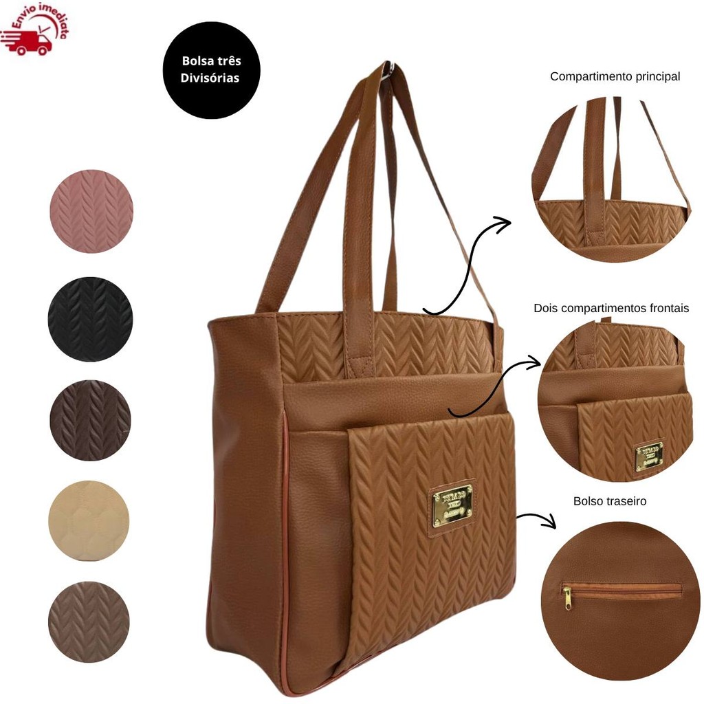 Bolsa Feminina Grande Elegante com 3 Compartimentos de Ombro Reforçada Para Trabalho Cabe Notebook