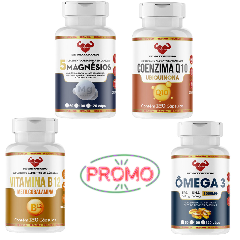 B12 Metilcobalamina 1000mg, Ômega 3 1000MG, 5 Magnésios, Coenzima Q10