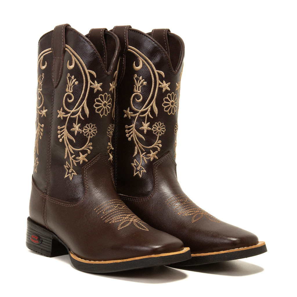 Bota Texana Feminina Country Bico Quadrado Em Couro Costurado Bordado Floral | DIfranca - 6169