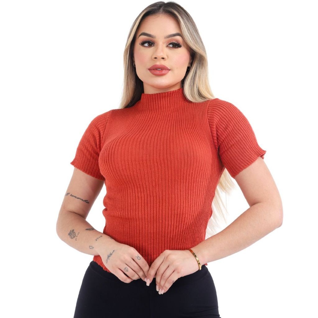 Blusinha Gola Alta Cacharrel Manga Curta Trico Blusa feminina inverno moda blogueira tendência