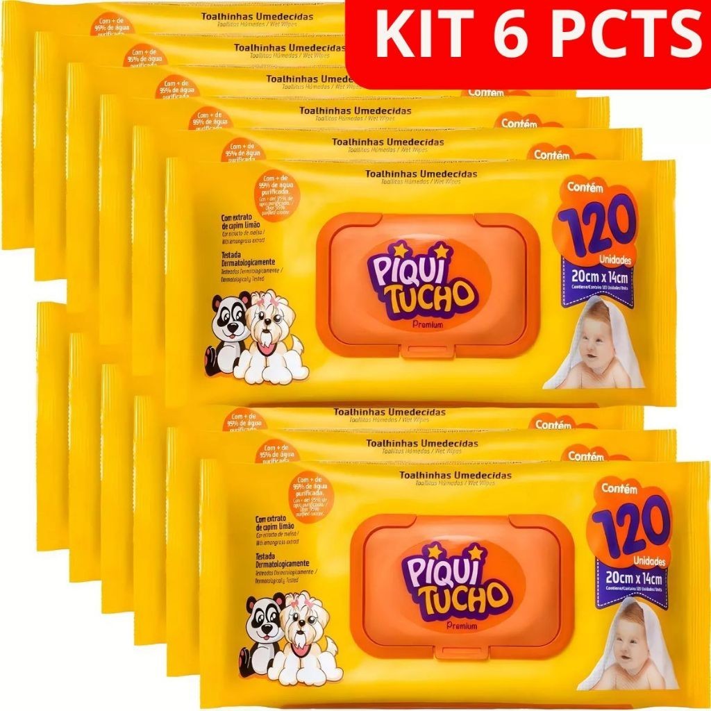 Kit com 6 Pacotes Toalha Lenço Umedecido Piquitucho 120 Unidades cada em Oferta na Shopee