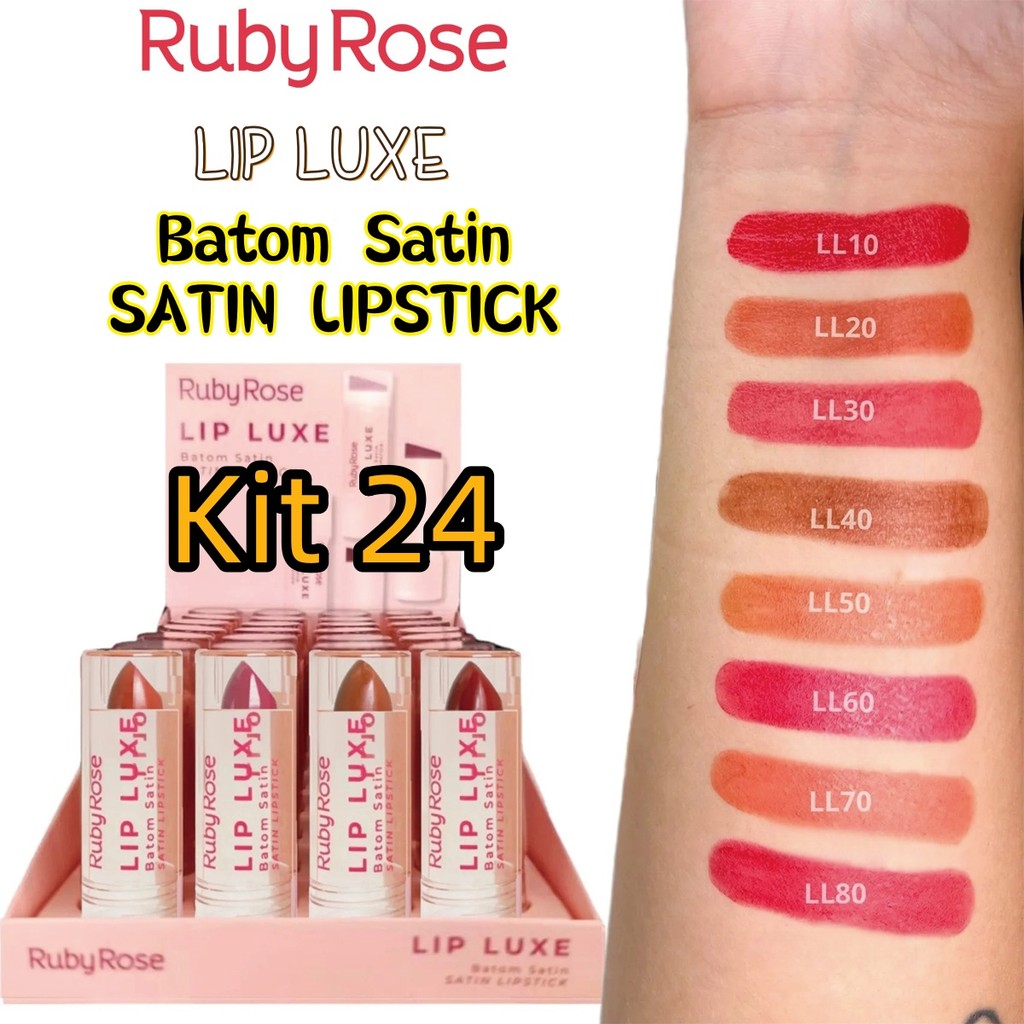 Batom Ruby Rose Satin Lip Luxe – Caixa com 24 Unidades | 4 Cores x 6 Unid