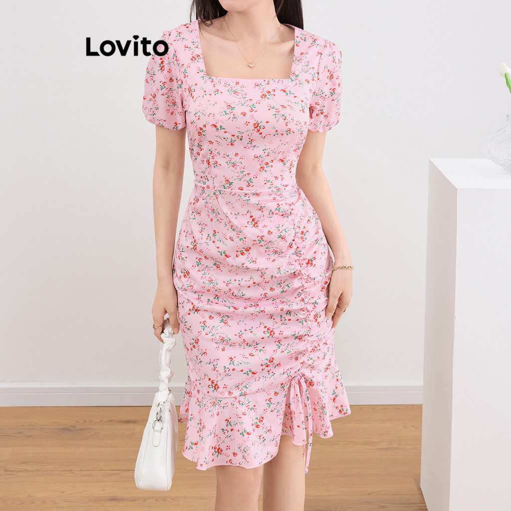 Detalhes do (Trendy) Lovito Vestido Casual Ditsy Vestido Floral Com Cordão Para Mulheres L109MD500