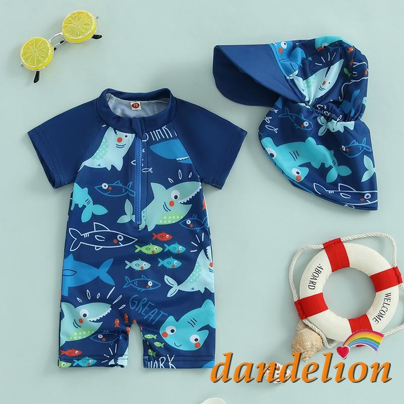 Roupa de praia bebê menino com chapéu 0‑5 Anos Rash Guard Maiô Infantil Estampa Tubarão Zíper Manga Curta Proteção UV