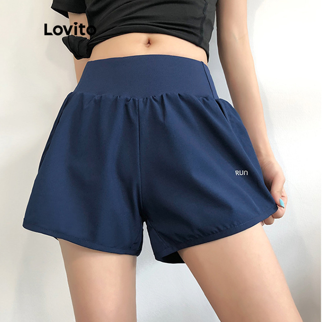 (Trendy) Lovito Shorts Esportivos Esportivos Com Letras De Camada Dupla Padrão Shorts Esportivos Para Mulheres LNA10136 em Oferta na Shopee