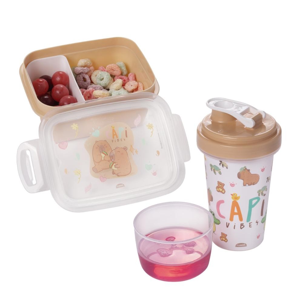 Kit para Lancheira Capivara Volta à Aulas 2 Peças 1 Pote Marmita 1 Garrafa Mini Shakeira Plasútil em Oferta na Shopee