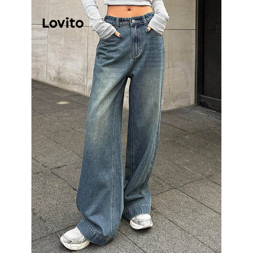 (Trendy) Lovito Jeans casual com bolso liso e bigodes de gato para mulheres LBA82172(Multicolorido) - Women Clothes