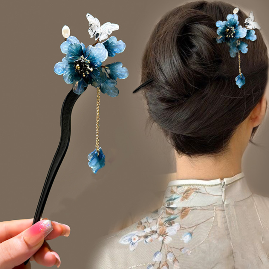 Novo estilo chinês azul begônia Hairpin antigo rosa cocar Hairpin feminino borla passo agitando Hairpin acessórios para em Oferta na Shopee