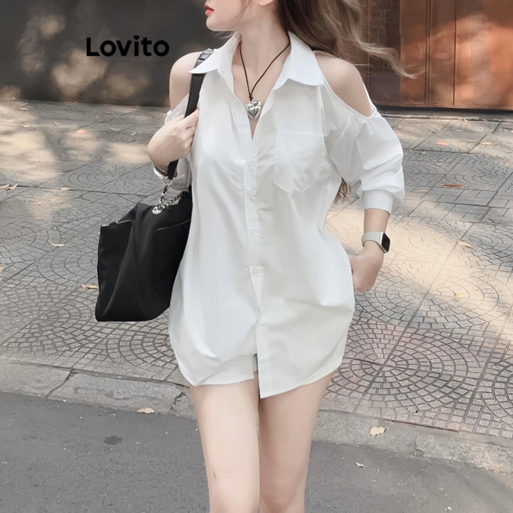 (Trendy) Lovito Blusa Casual Com Recorte Liso Para Mulheres L67AD001 (Branco) em Oferta na Shopee