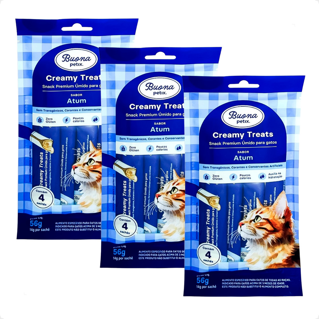 Kit 3 Sachê Sabor Atum - 56G Para Gatos Buona Petix Creamy