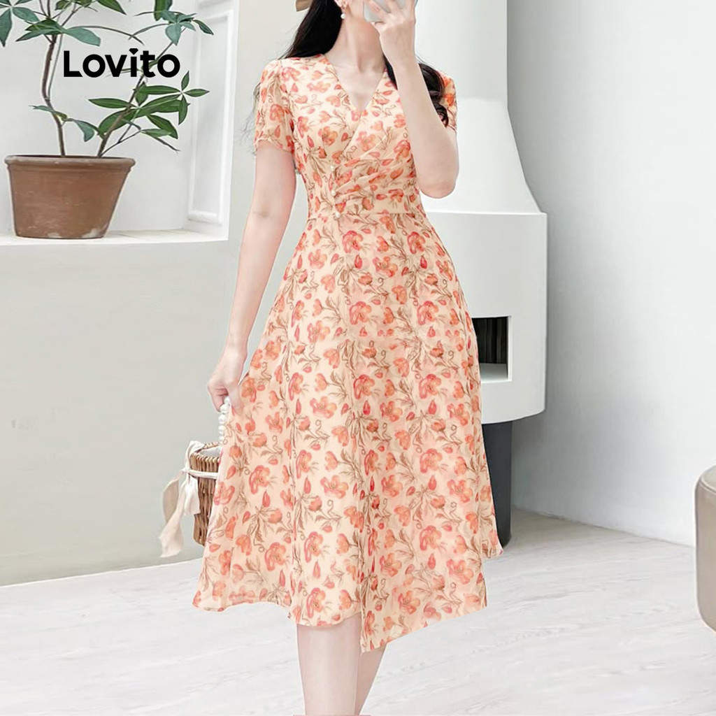Detalhes do (Trendy) Lovito Vestido Boho Padrão Primavera/Verão Vestido Laranja Queimado Para Mulheres L134ED780