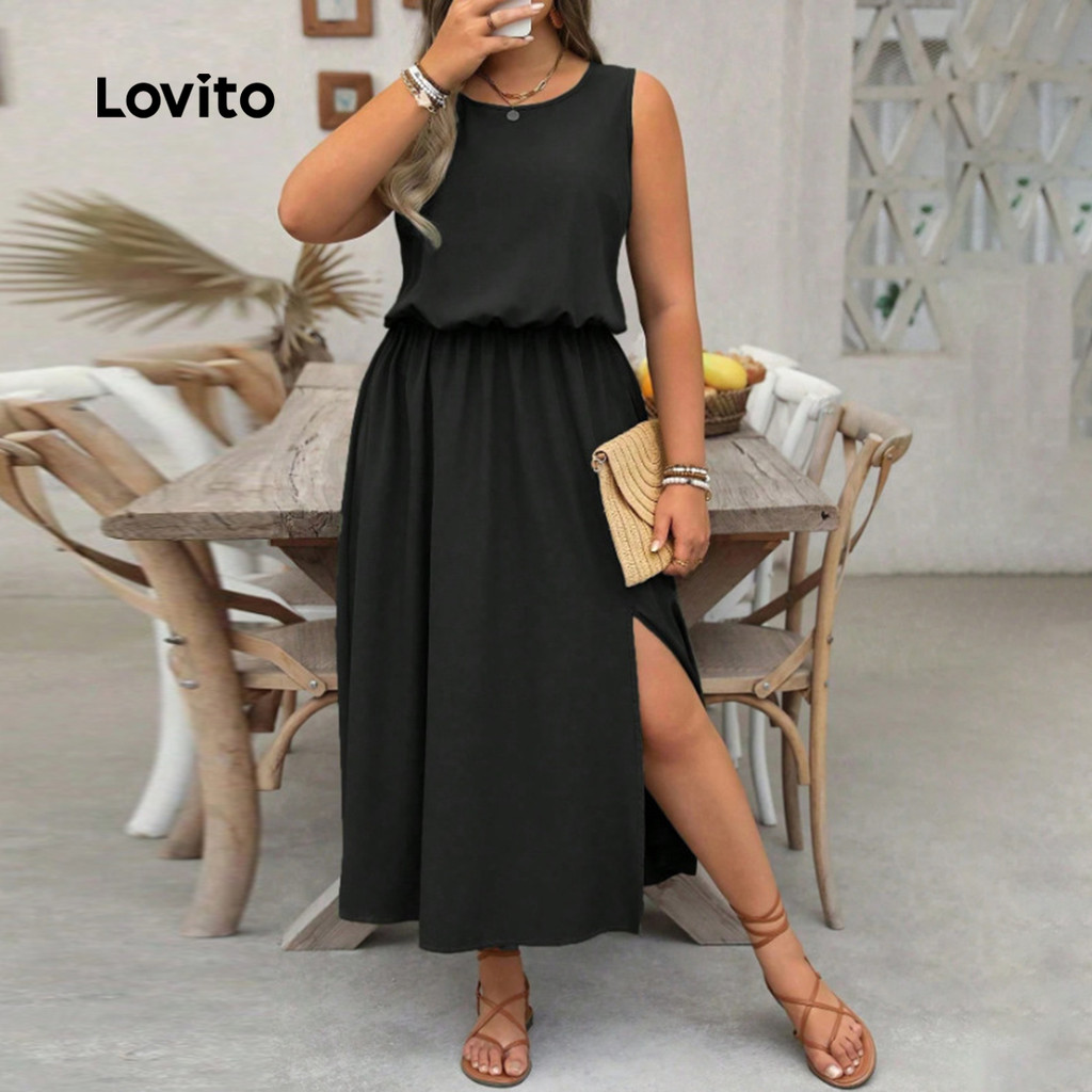 Lovito Vestido Preto Plus Size Curva Casual Liso Dividido Frontal Plissado Primavera/Verão Para Mulheres LNE1032X102 - Women Clothes