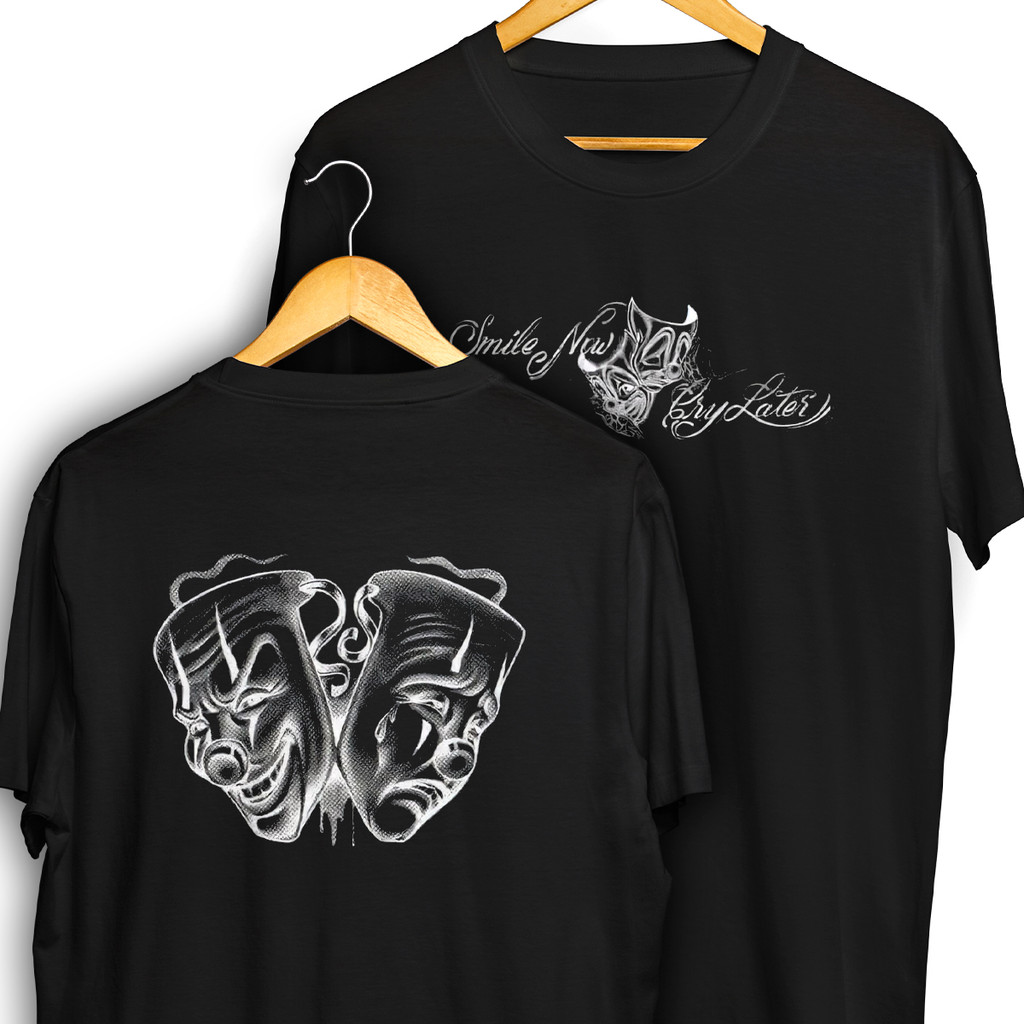 Camisa Chora Agora Ri Depois Smile Now Cry Later Frente e Verso Mascaras Blusa Mandrake Streetwear Camiseta 100% Algodão
