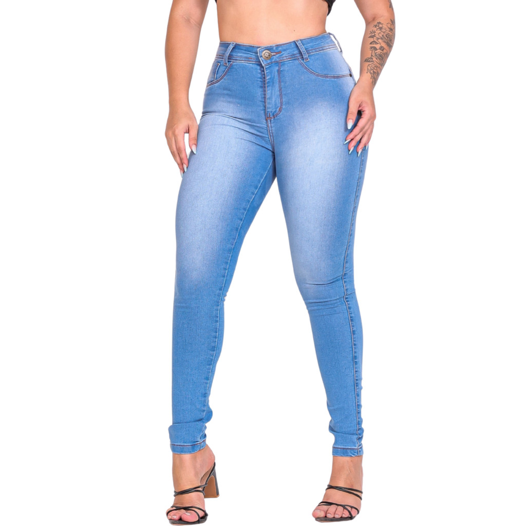 Calça Jeans Feminina Com Elastano Efeito Levanta Bumbum Skinny Cintura Alta Lycra Versátil em Oferta na Shopee