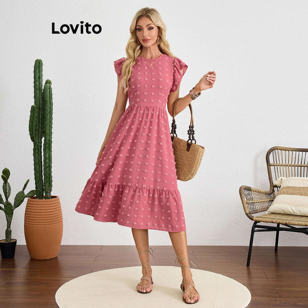 Lovito Vestido elegante de jacquard liso com babados em camadas para mulheres LBL19231