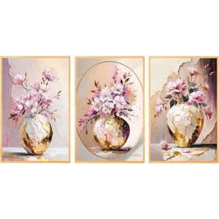 Quadro decorativos vaso de flore dourados flores brancas e rosas lindo 3 peças n046 em Oferta na Shopee