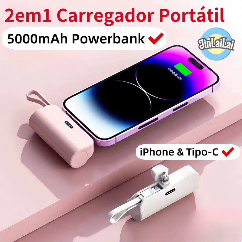 Carregador Mini Power Bank 5000mAh Bateria Sem Fio 2em1 Carregador Portátil para iPhone e Tipo-C em Oferta na Shopee