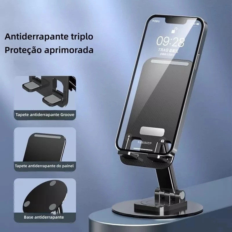 Suporte para celular Alumínio de Mesa Base Rotatória Ajustável 360º Para Smartphones e Tablets 