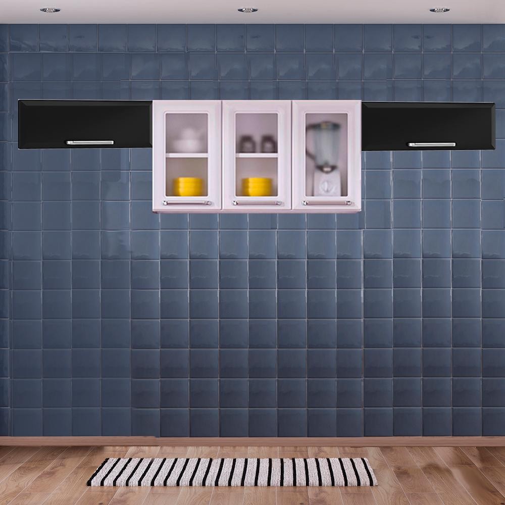Cozinha Itatiaia Luce com Armário Aéreo com 3 Vidros 5 Portas Branco / Preto em Oferta na Shopee