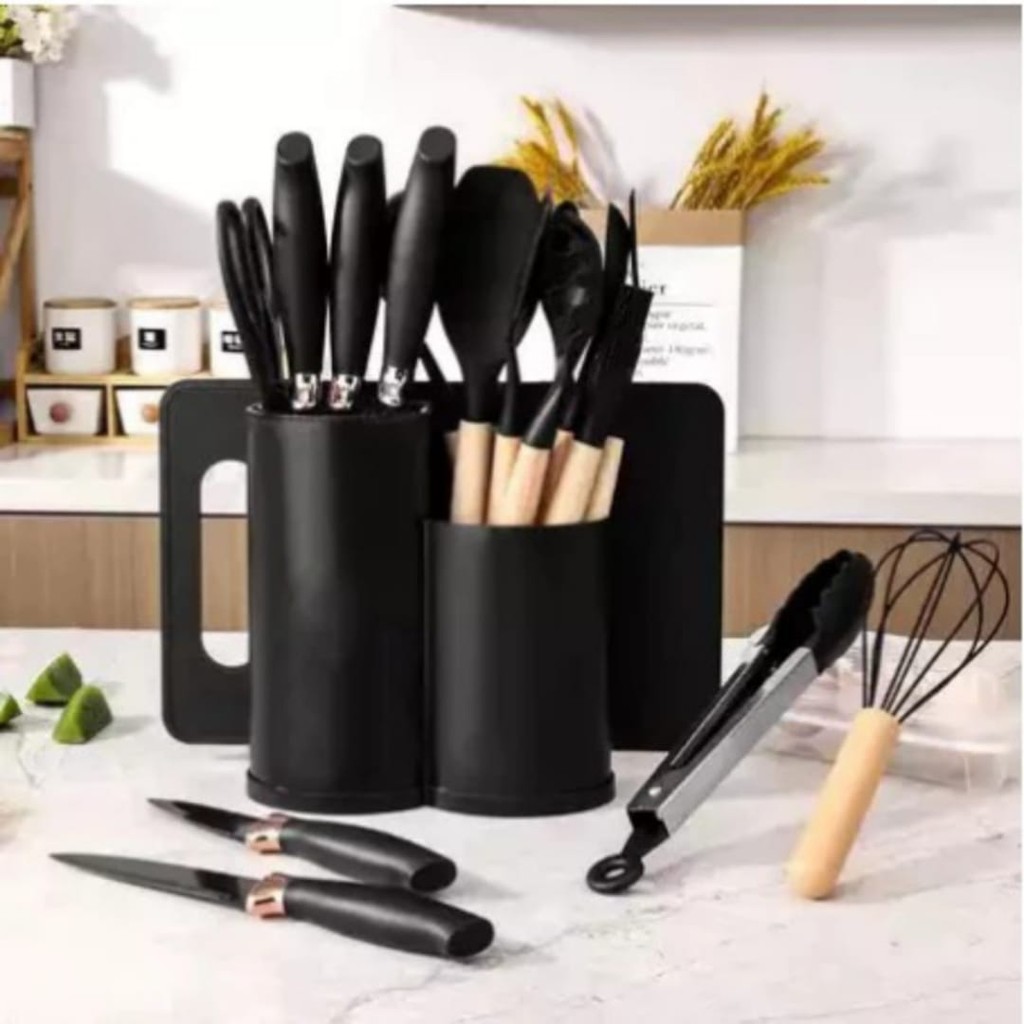 Imagem Kit Completo Jogo Utensílios de Cozinha Luxo 19 Peças Com Tábua em Silicone Espátula Faca Tesoura