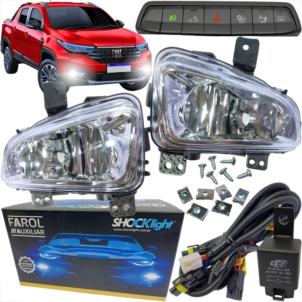 KIT FAROL DE MILHA AUXILIAR FIAT STRADA FREEDOM 2020 A 2025 BOTAO MODELO ORIGINAL COM DESEMB.