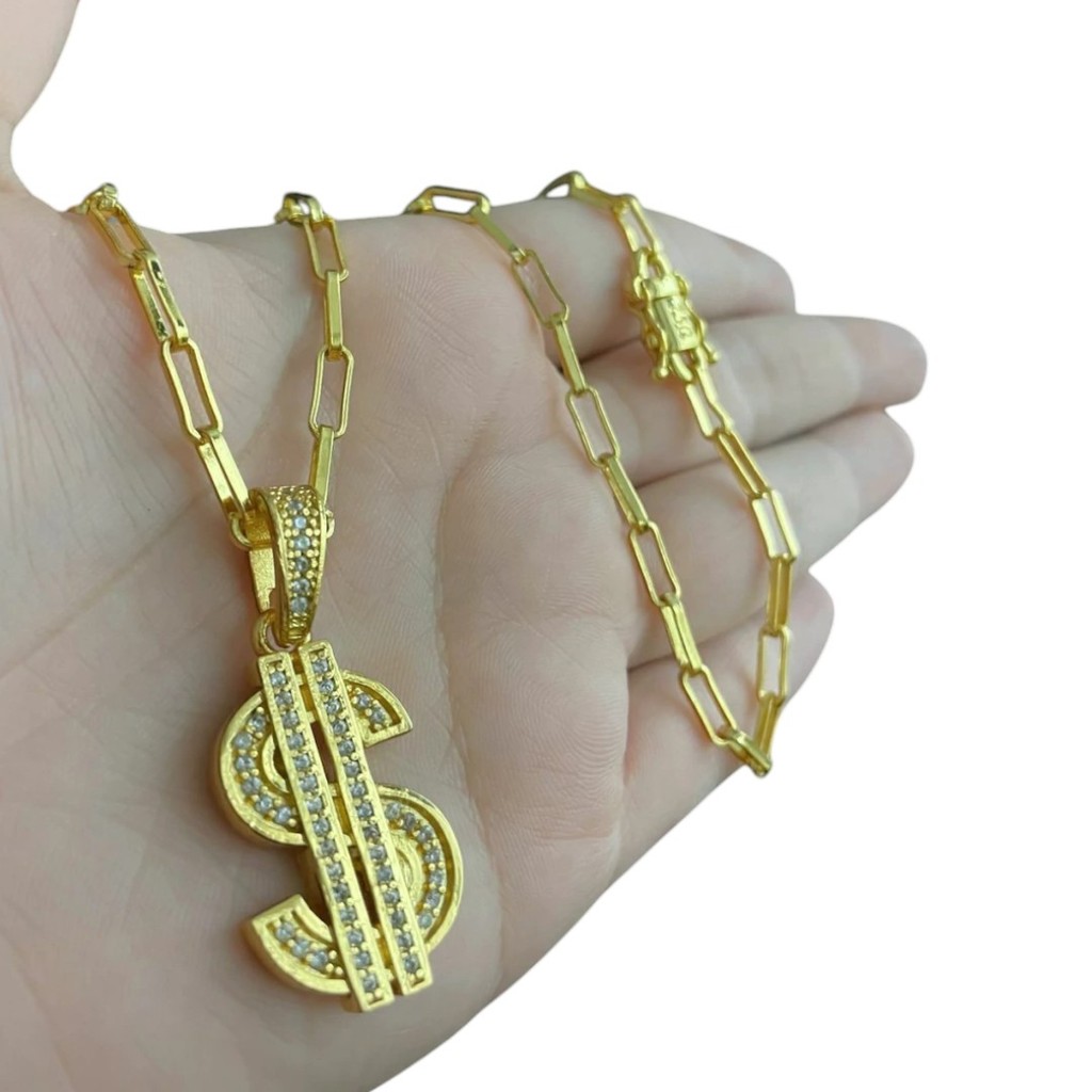 Cordão Tijolinho 4mm + Pingente Cifrão  Banhado a Ouro