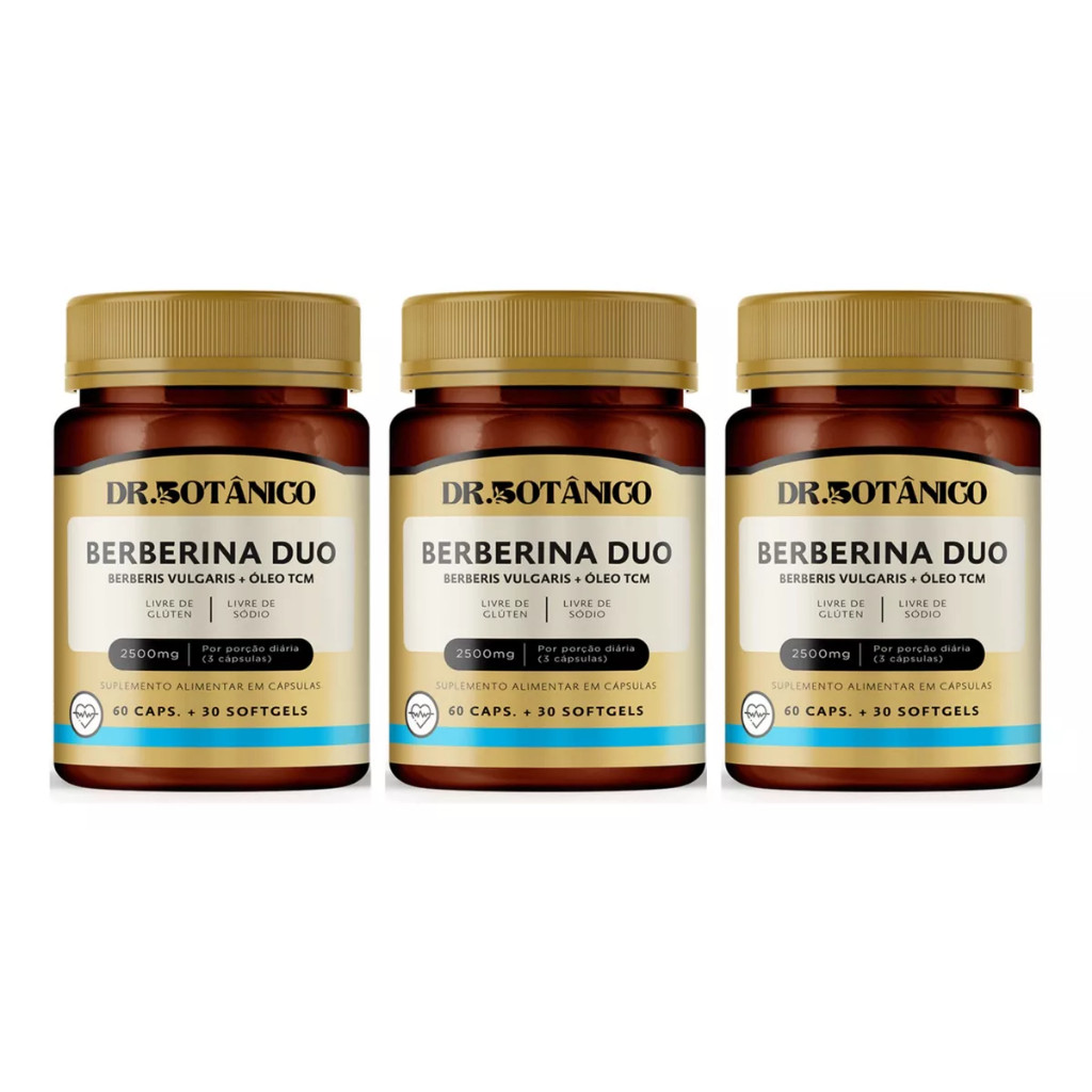 BERBERINA DUO (BERBERINA VUL+ ÓLEO TCM) 2500 MG 60 CAPS+30 SOFTGEL KIT COM 3 POTES