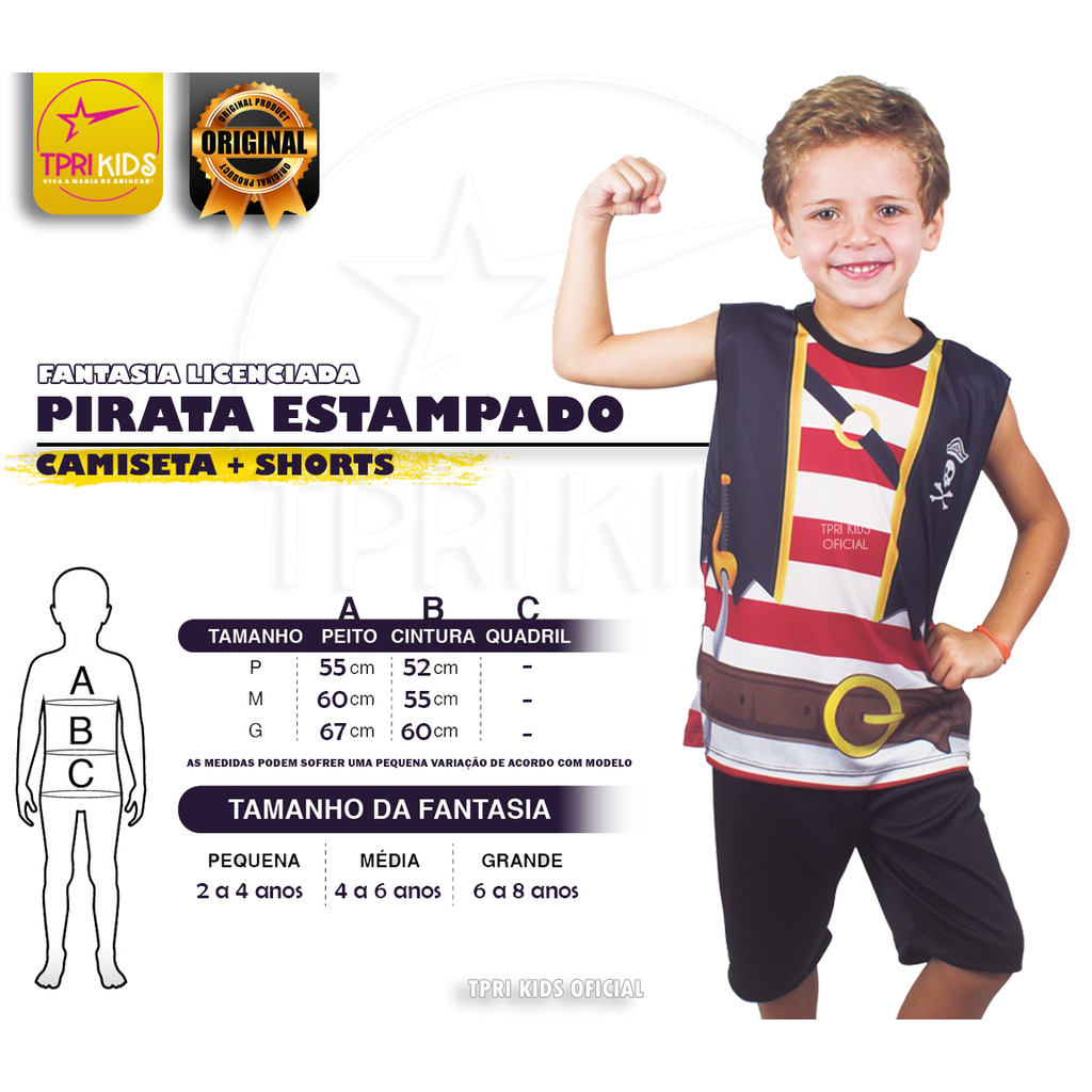 Fantasia Infantil Menino Pirata Halloween Carnaval Camiseta Estampada Shorts Piratinha Temática Top
