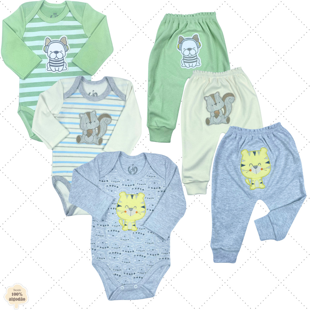 kit 6 peças body e calça bordado e estampado em Oferta na Shopee