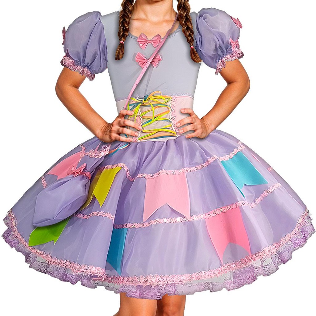 Vestido Infantil de Festa Junina de Luxo Bandeirinhas Com Saia Rodada e Saiote Embutido pra Meninas