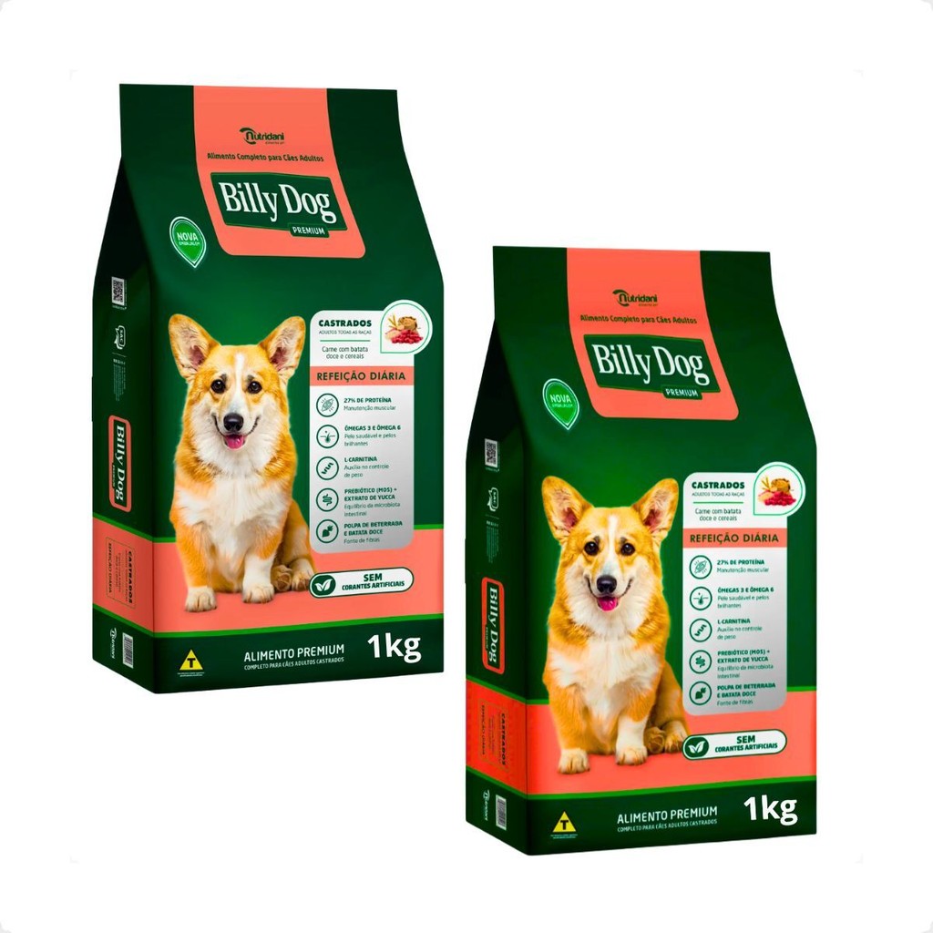 Kit 2 Ração Billy Dog Refeição Diária Cães Castrados - 1Kg