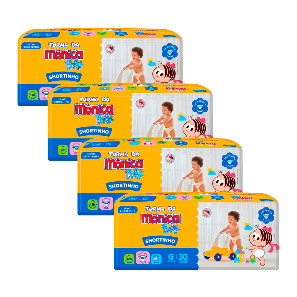Kit 4 Fralda Shortinho Turma da Mônica Baby Tamanho G com 30 Fraldas Descartáveis cada - Mom & Baby