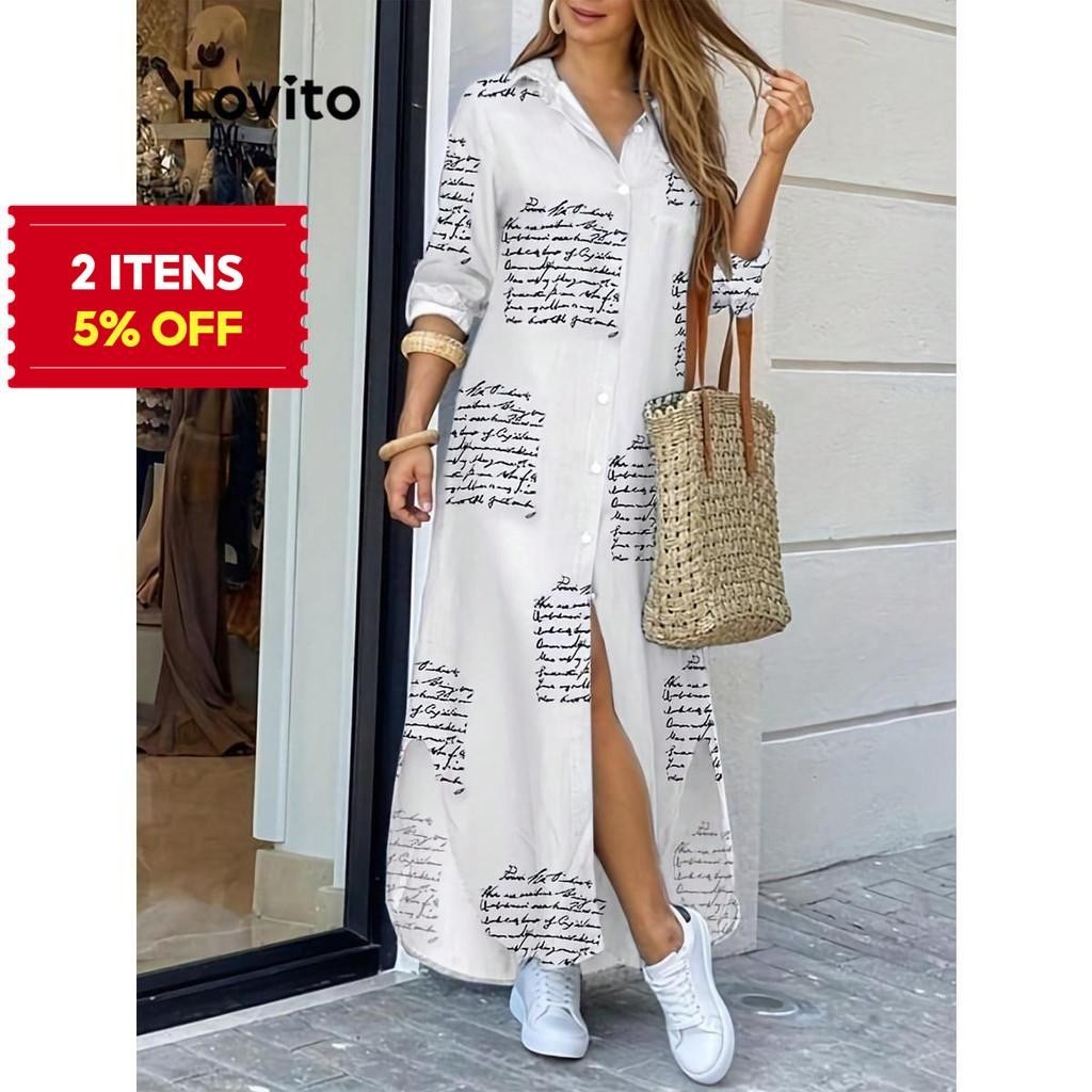 (Trendy) Lovito Vestido Casual Com Estampa De Botão De Carta Para Mulheres LNL60180 - Women Clothes