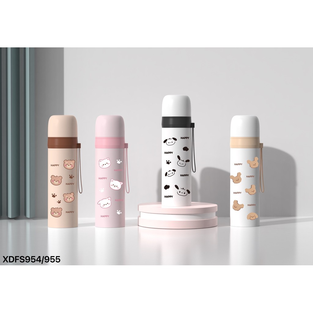 Garrafa Térmica em Inox 304 Com Estampas de Animais, Bico Abre e Fecha em um clique Alça de Silicone