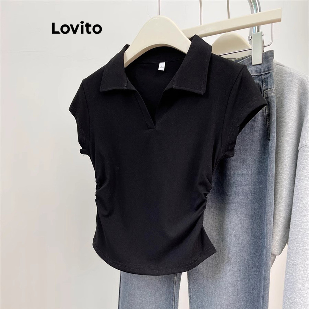 (Trendy) Lovito Camiseta Casual Lisa Franzida Para Mulheres LNE62535 em Oferta na Shopee