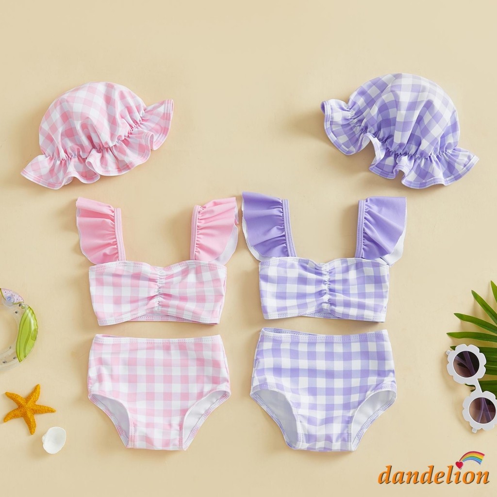 0-3 Anos Bebê Menina 3 Peças Maiô Xadrez Estampa Mangas Esvoaçantes Regata + Shorts + Chapéu Trajes De Banho