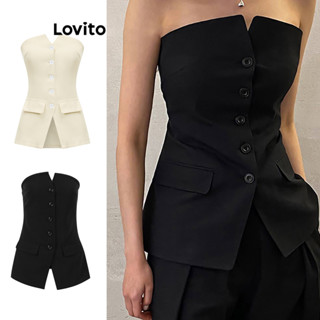 Lovito Casual Blusa Feminina Lisa com Botão LNL39074 (Preto) em Oferta na Shopee