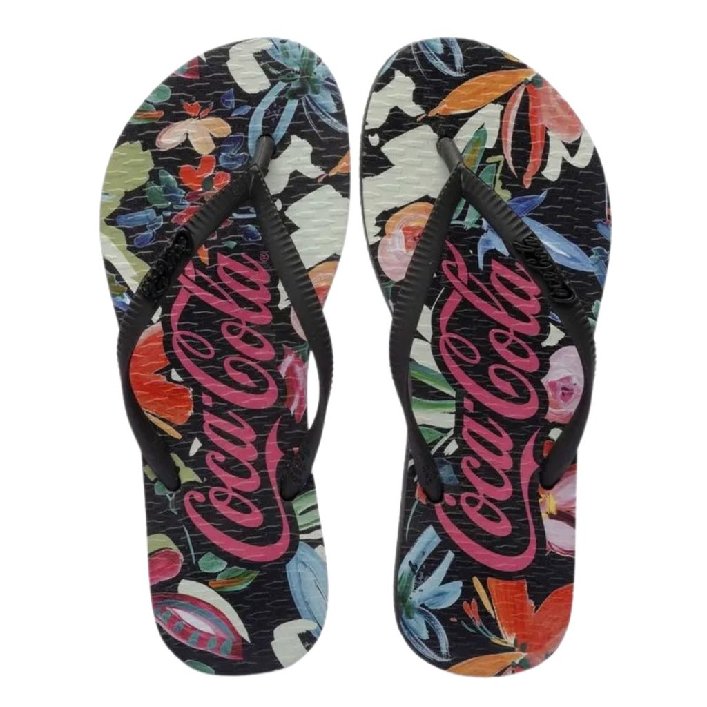 Chinelo Coca Cola Bahai Feminino Preto Casual Confortável Leve Solado Borracha Praia Piscina