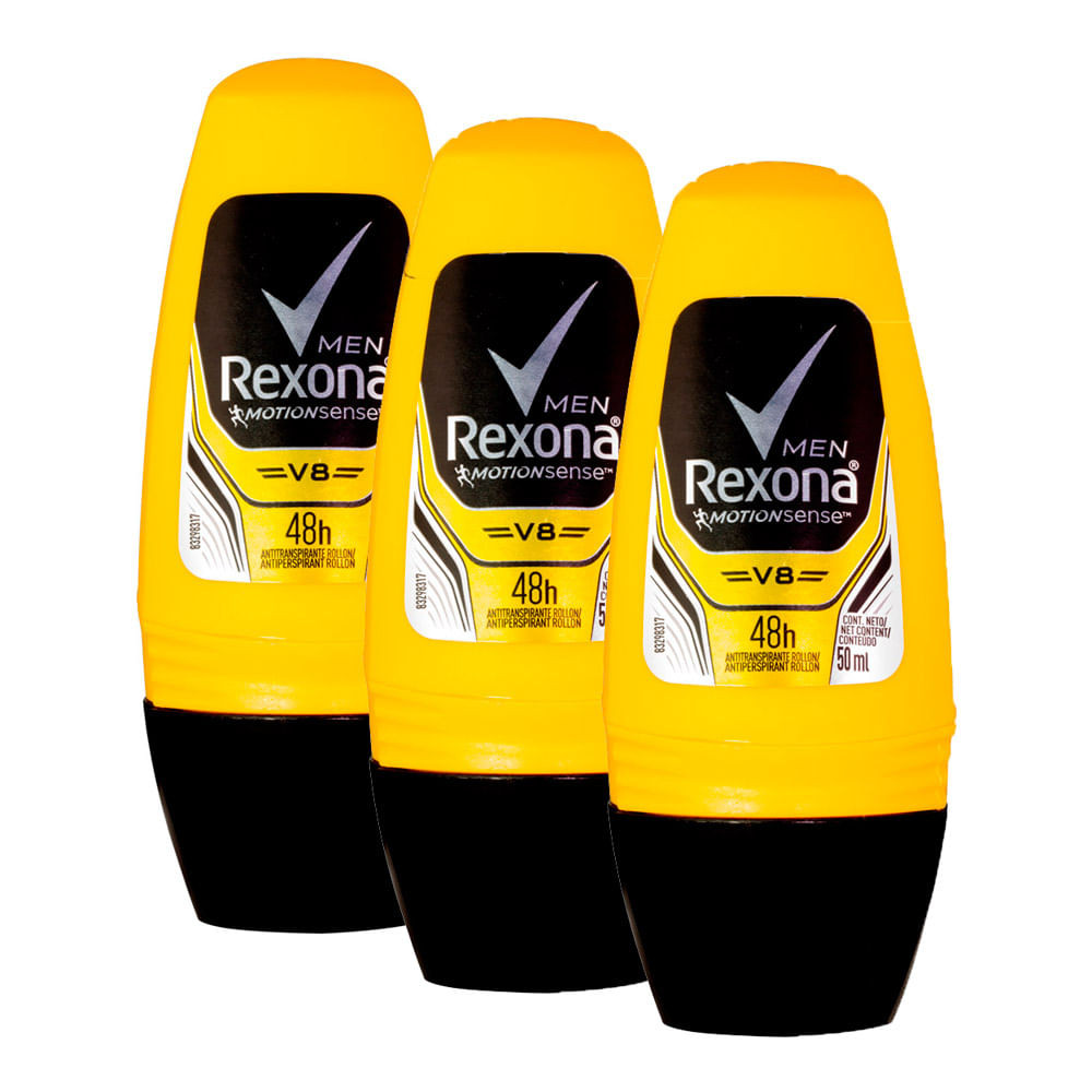 Kit 3 Desodorante Antitranspirante Rexona Men V8 Roll-on com 50ml - Beauty