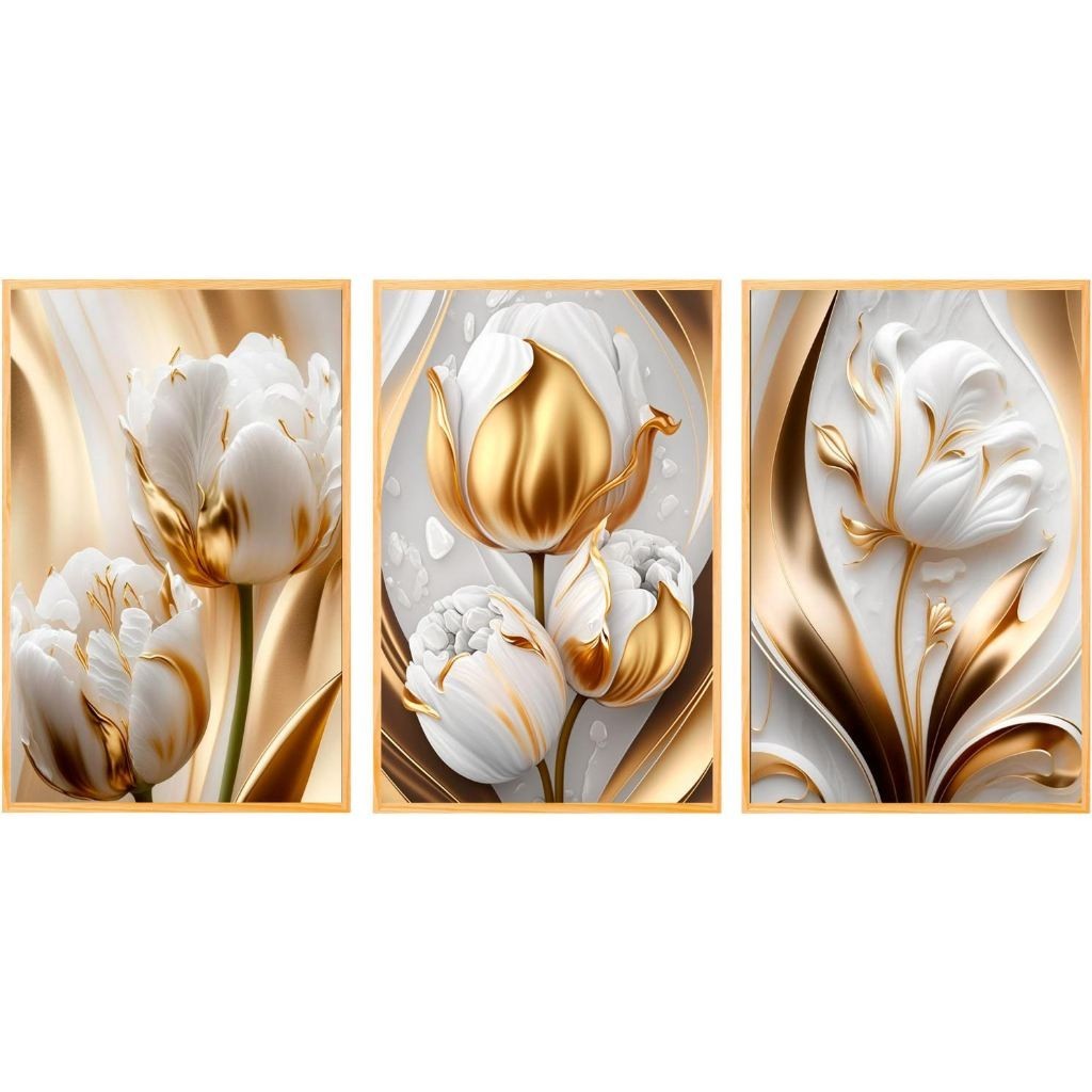 Quadro decorativo para salas e quartos tulipas brancas e douradas luxo gold 3 peças n010 em Oferta na Shopee