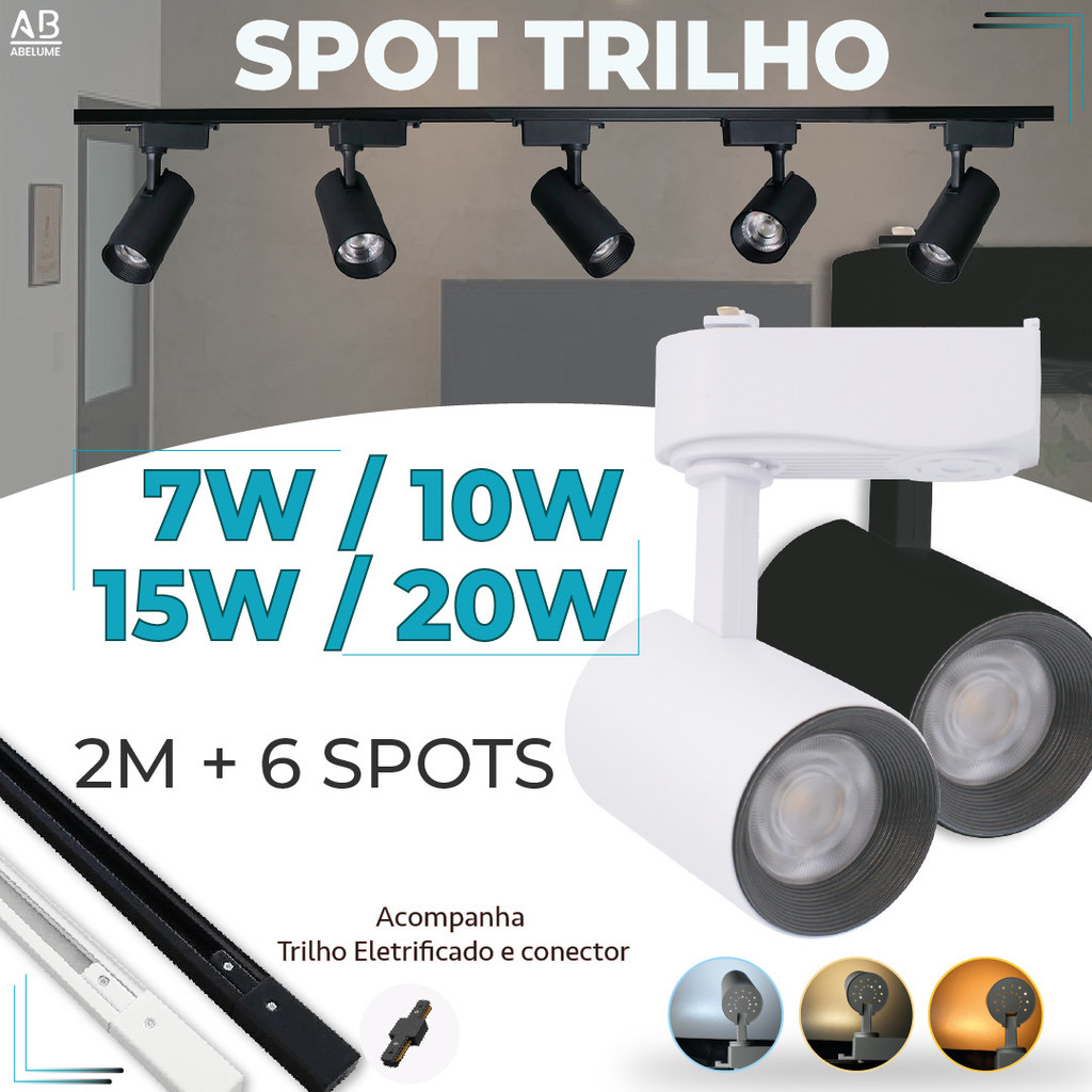 2M Trilho + 6 Spot LED 20W 15W 10W 7W Eletrificado + Trilho + Conector Preto e Branco Luz Fria, Neutra e Quente Bivolt - Home & Living