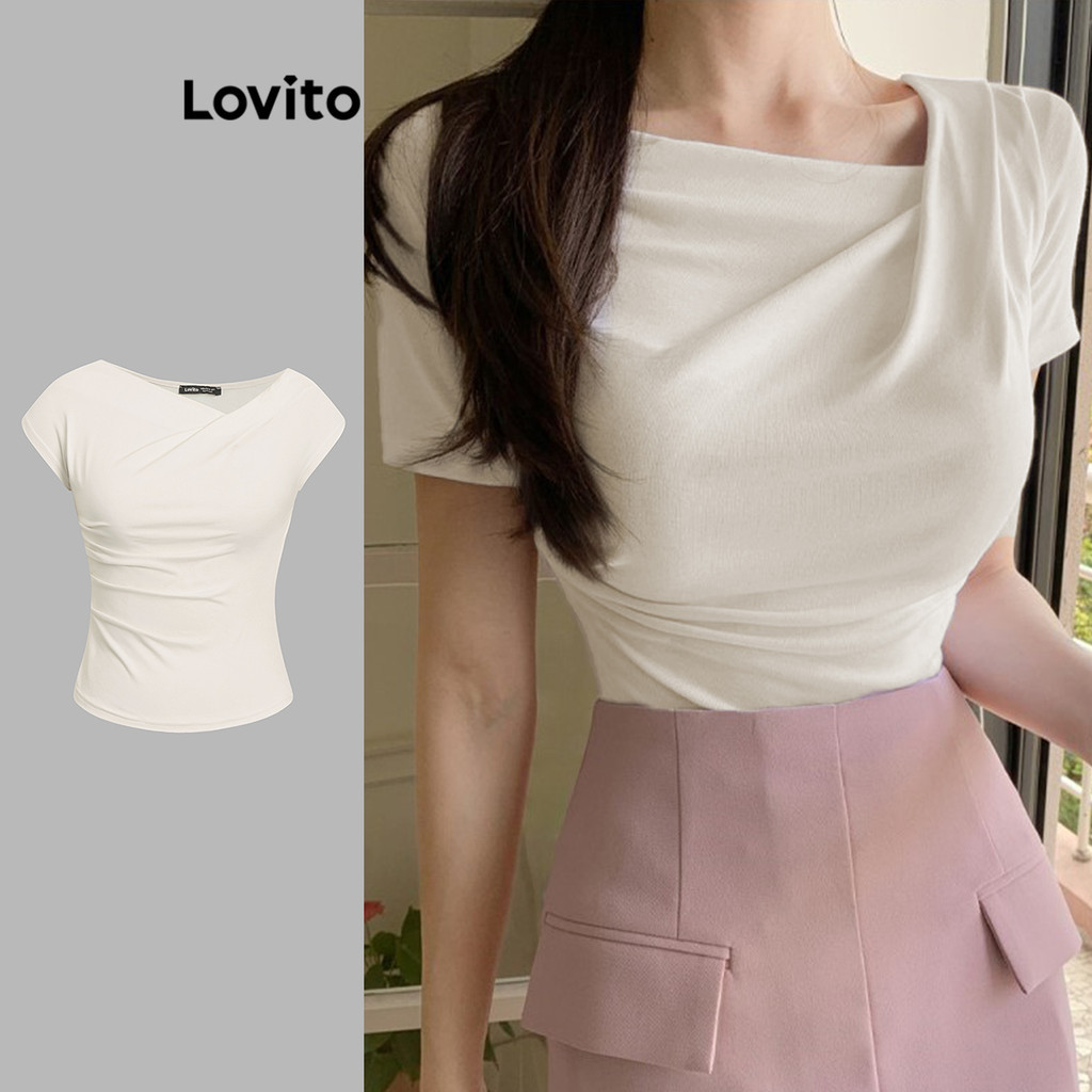 Lovito Camiseta Casual Lisa Assimétrica Plissada Para Mulheres L105MD637 - Women Clothes