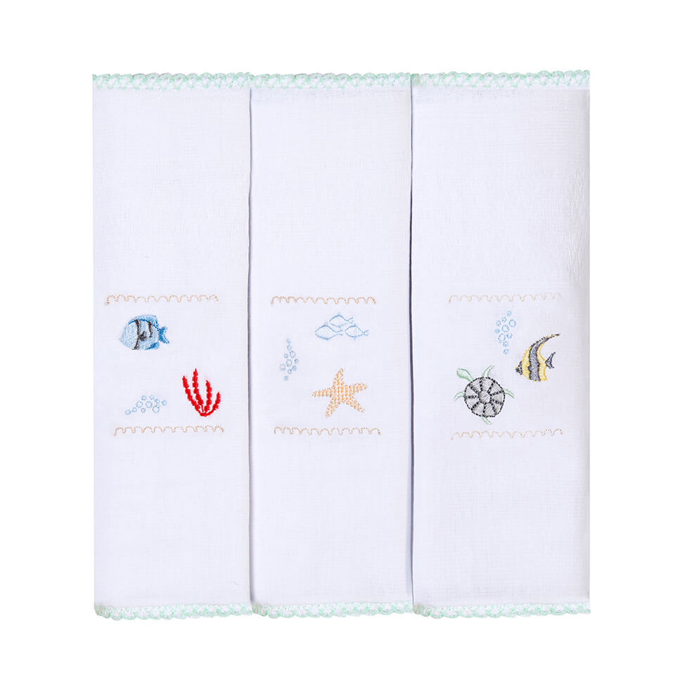 Kit Fralda Bordados Papi Fundo Do Mar - 3 Peças