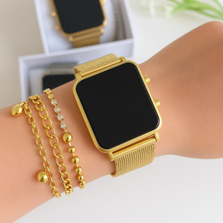 Relógio Digital Led De Pulso Feminino Quadrado Com Pulseira Presente Maes