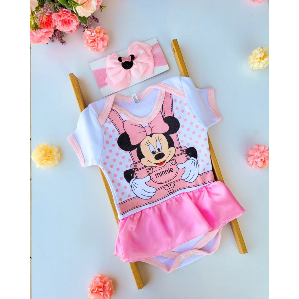 Kit Body + Laço Para Cabelo Mesversário Bebe Menina Minnie Rosa- Envio Imediato