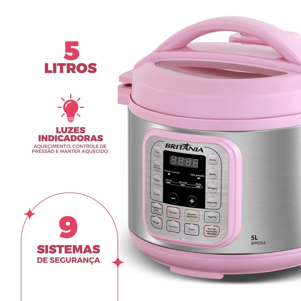 Detalhes do Panela de Pressão Rosa Britânia 5L Digital 11 Funções BPPE05