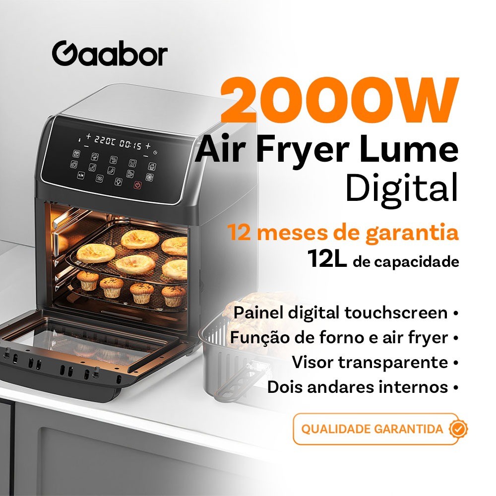 Gaabor Fritadeira Elétrica Sem Óleo 12L Touch Digital Preto Timer Air Fry Frigideira Antiaderente AF-120T01