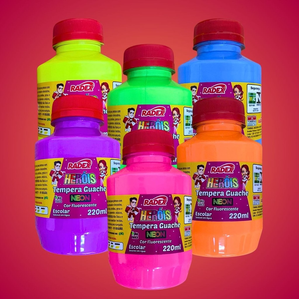 Tinta Guache Tempera Escolar 220ML Radex Heróis 6 Cores Tom Neon