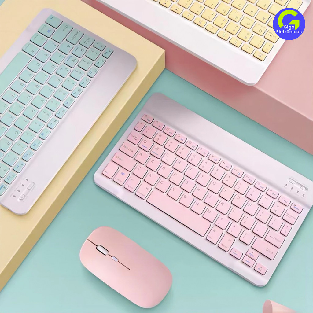 Kit de Teclado e Mouse Sem Fio Bluetooth Macaron com Design Moderno Destinado a PC iPad Ta...